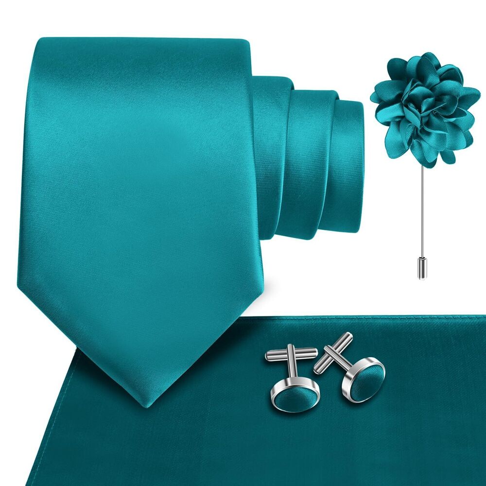 4189 Teal Tie Wedding Solid Satin Silk Teal Necktie Pocket Square Cufflinks